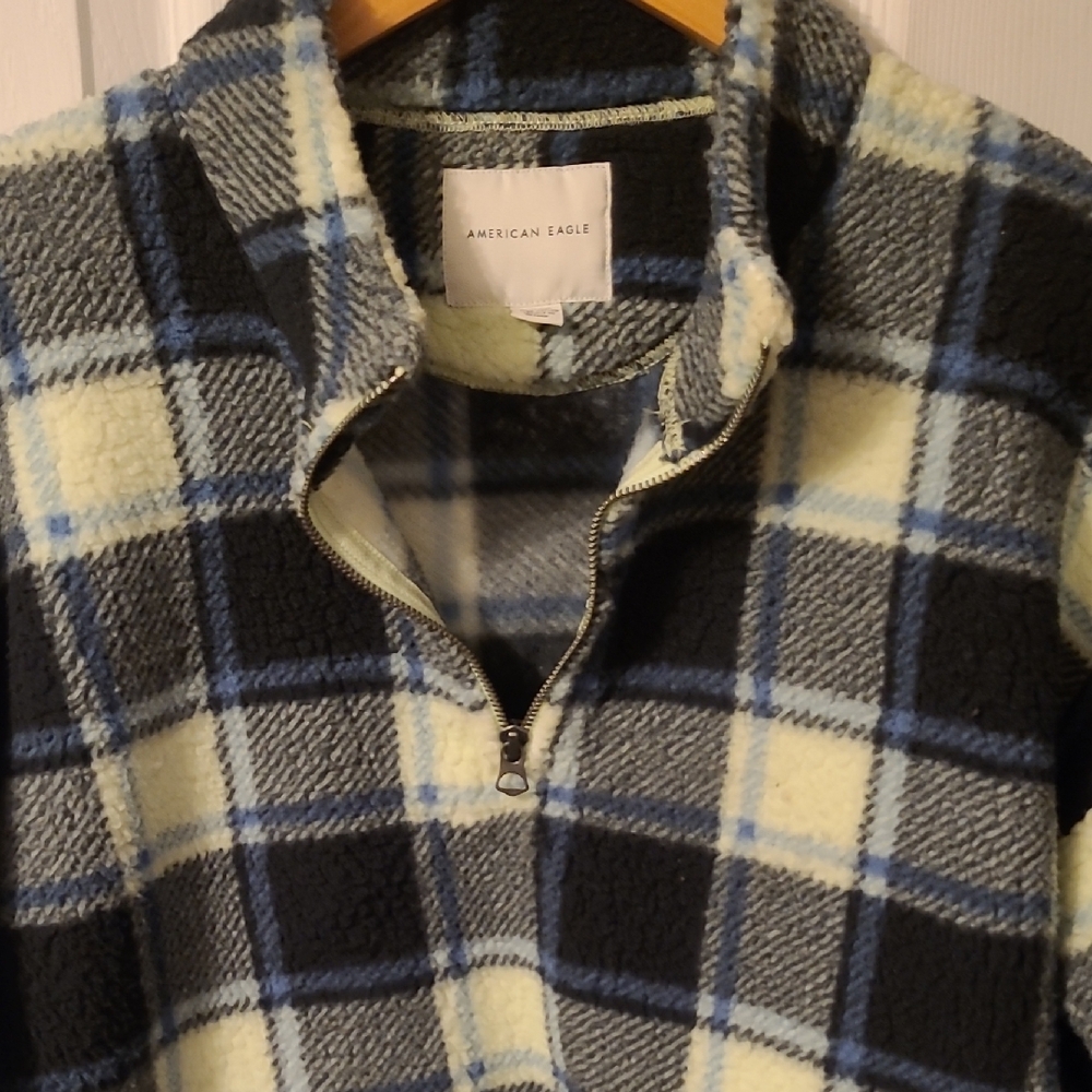 American Eagle Outfitters Plaid Fleece Jacket - Black, Blue, Cream